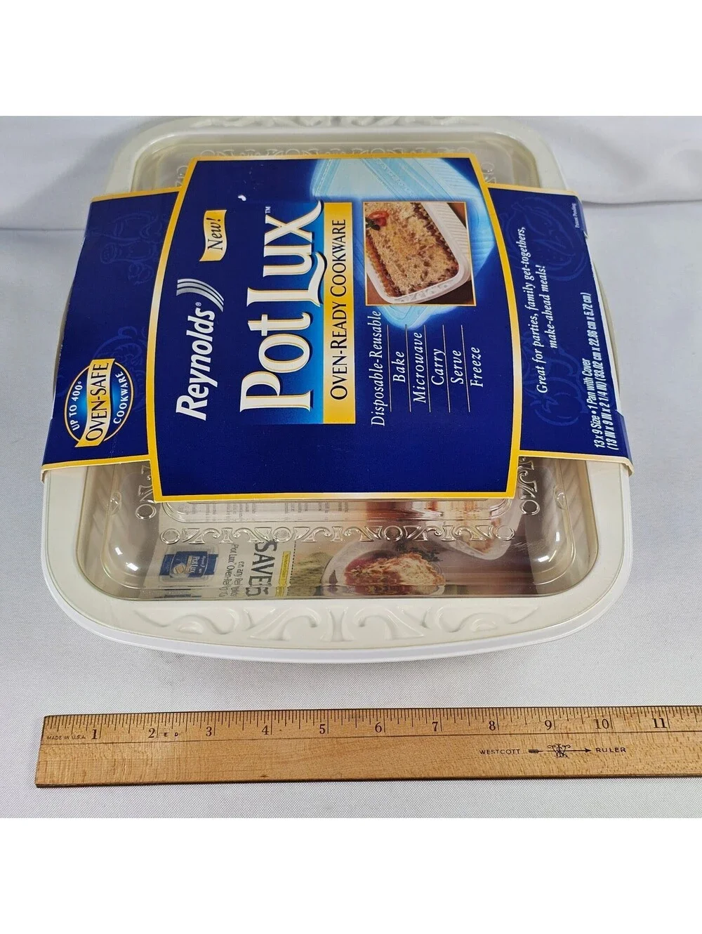 Vtg Reynolds Pot Lux Oven Ready Cookware 13x9 Pan  Lid Disposable Reusable White